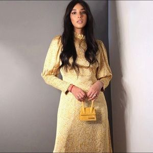 Frill neck midaxi dress in yellow ditsy print